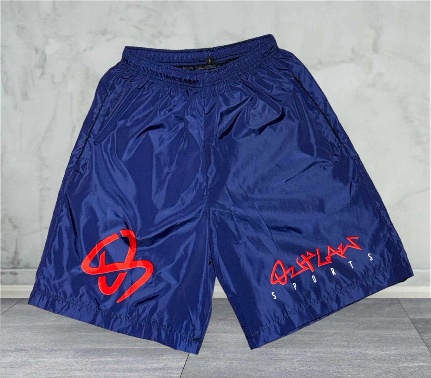 Outlaw Sports Signature Nylon Shorts - Navy Blue with Red Logo | Youth