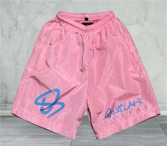 Outlaw Sports Signature Nylon Shorts - Pink with Carolina Blue Logo | Unisex